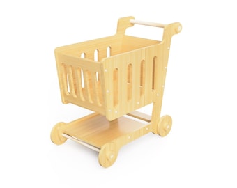 May include: A wooden toy shopping cart with a natural finish. The cart features a rectangular basket with vertical slats, four round wheels, and a handle. The cart is designed for children's play and is made of wood.