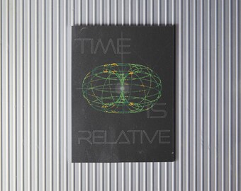 May include: A black and white image with the text "TIME IS RELATIVE" and a green and yellow geometric design in the center.