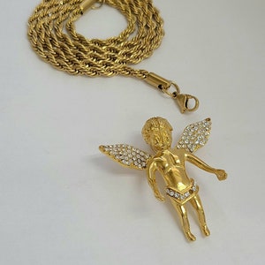 Gold Plated Angel Pendant Necklace: Stainless Steel Rope Chain, Cubic Zirconia