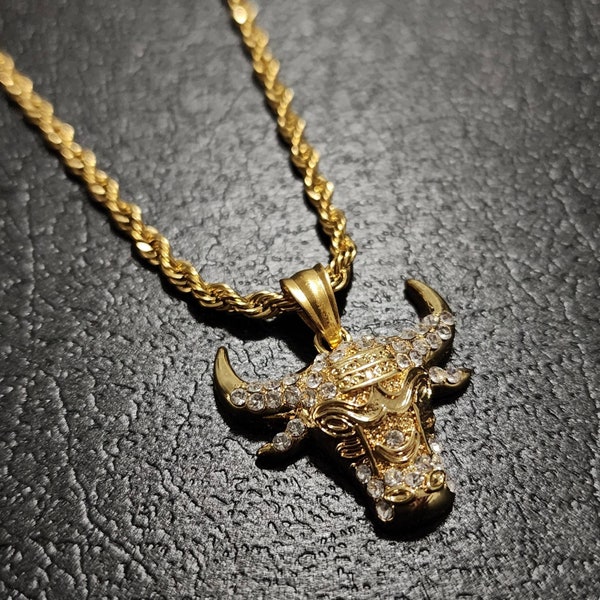 Premium Gold Plated Bull Pendant Necklace with 24" Rope Chain