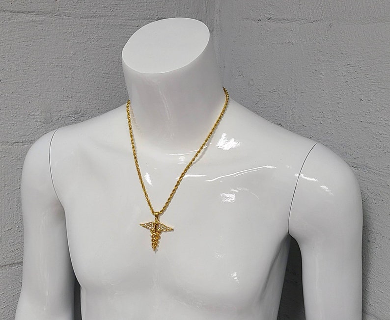 Premium Stainelss Steel Gold Rod of Asclepius Pendant Necklace With 24 ...