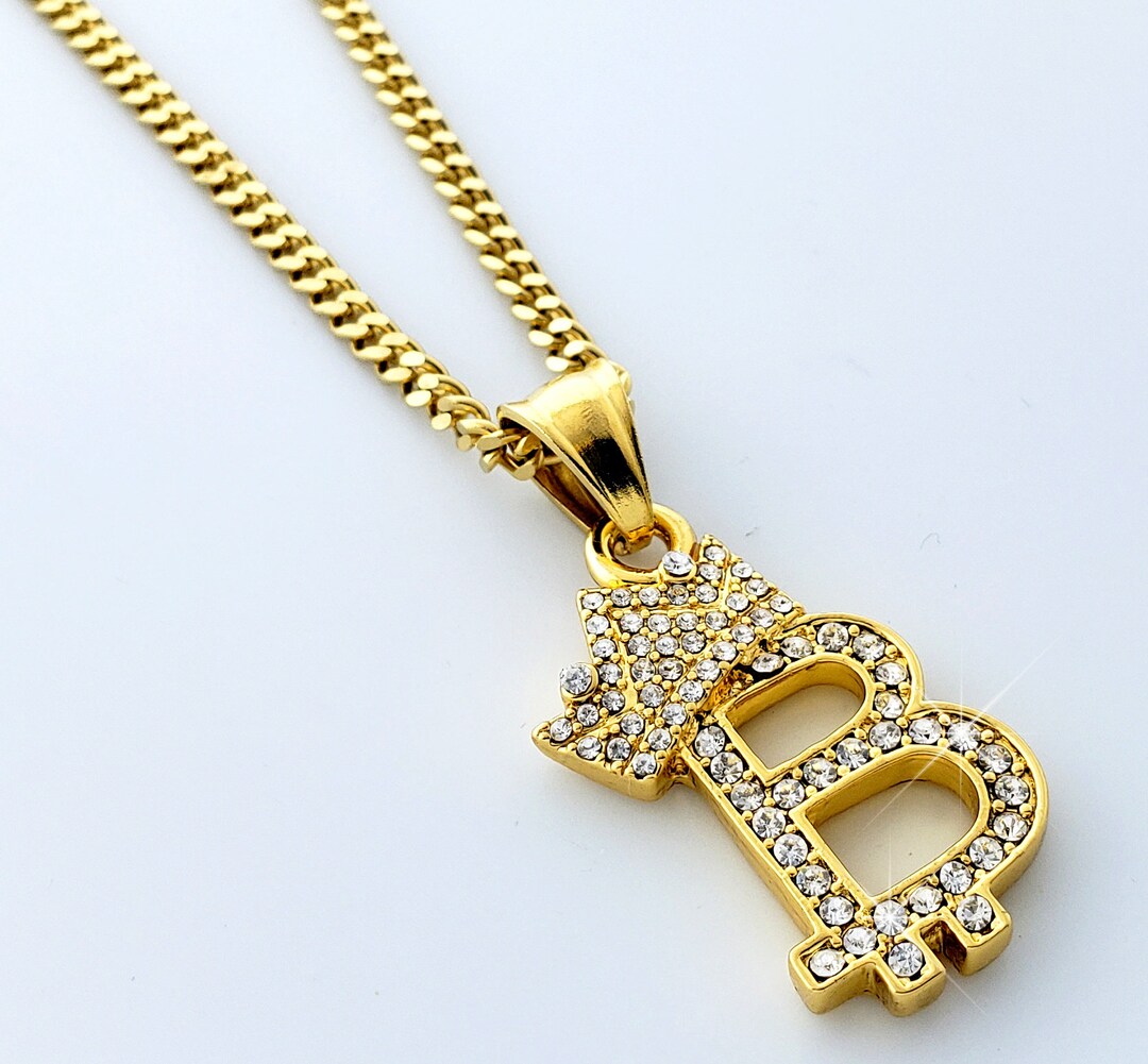 Gold Plated Letter B Crown Pendant Necklace: Cubic Zirconia