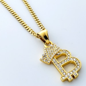 Gold Plated Letter B Crown Pendant Necklace: Cubic Zirconia, 24&quot; Chain