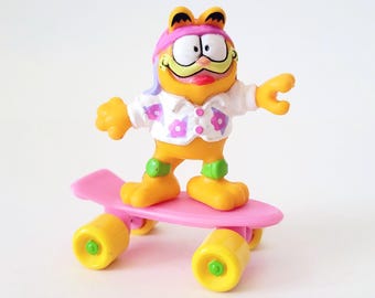 Vintage Garfield Hawaiian Shirt and Pink Skateboard McDonalds Happy Meal Toy 1989