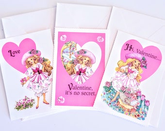 Vintage Peppermint Rose Valentines Cards, Set of 3 Cards with Envelopes, 1980s 80s Valentines Cards