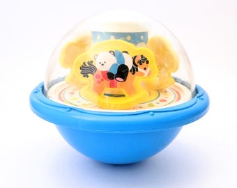 Fisher Price Roly Poly Chime Ball Blue with Bears on Rocking Horses Vintage Toddler Toy 1991 WORKS