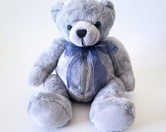Ben Bridge Blue Gray Teddy Bear with Zipper Pouch Belly