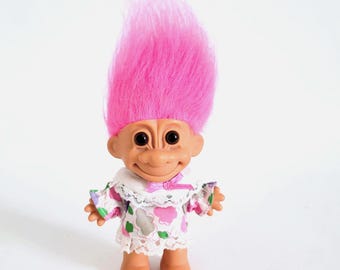 Russ Troll Doll with Pink Hair and Floral Dress Outfit 4"