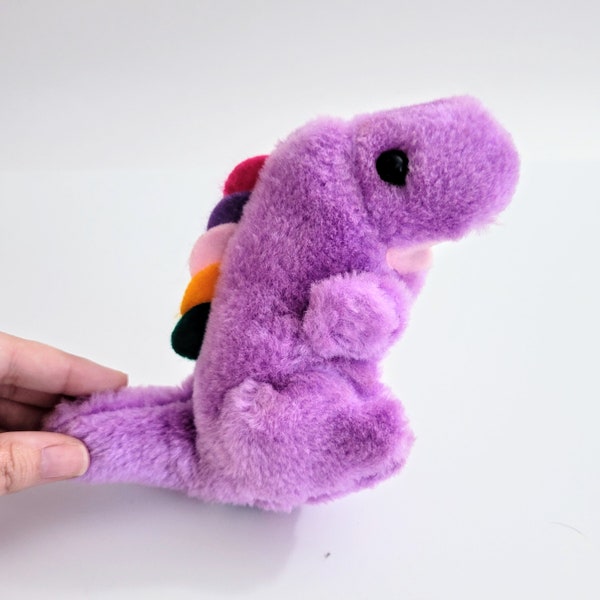 Vintage Dan Brechner Purple Dragon Dinosaur Plush Toy with Rainbow Scales, Vintage Carnival Prize Plush Stuffed Animal