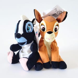 Vintage Disney Store Bambi Deer and Flower Skunk Bean Bag Mini Plush Toys Stuffed Animals with Tags 6 Inch