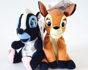 Vintage Disney Store Bambi Deer and Flower Skunk Bean Bag Mini Plush Toys Stuffed Animals with Tags 6 Inch
