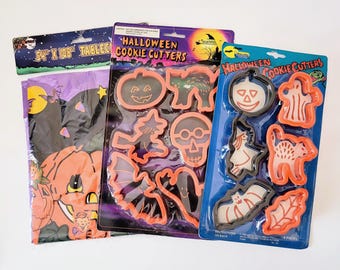 Vintage Halloween Cookie Cutters and Plastic Tablecloth in Original Packaging 1980s