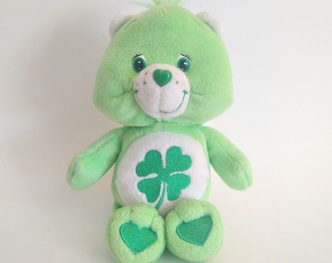 Care Bears Good Luck Bear Bean Bag Plush Toy, Vintage 2002 Care Bears Stuffed Animal, Green Care