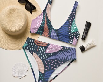 Purple Tone and Leaves High-Waisted Bikini, Summer Swimsuit, 2 Piece Bathing Suit, Trendy Swimwear, Plus Size Swimsuit up to 3XL