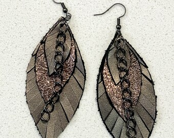 3 Shades of Brown Leather Feather Earrings with Chain
