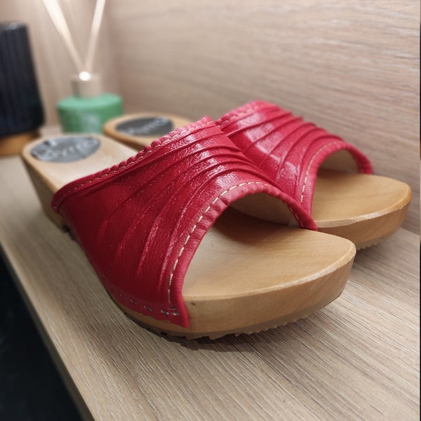 Wooden Clogs for Womens Open Toes Heels Real Natural Leather HANDMADE Medical