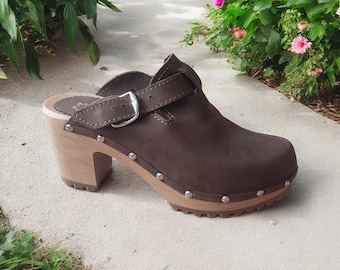 Women&#39;s Leather Swedish Clogs with Adjustable Strap – Handmade Comfort Wooden Heel Sandals made in Poland