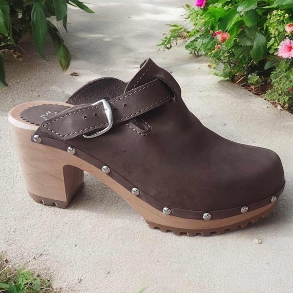 Handmade Leather Clogs – Wooden Heel Sandals with Adjustable Strap