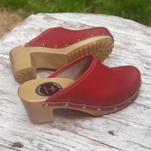 Handmade Red Leather Wooden Clogs for Women | Comfortable and Stylish High Heel Sandals Swedish Clogs by Myrra