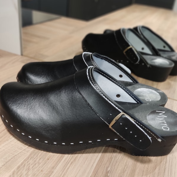 Black Handmade Men's Leather Clogs with Adjustable Strap Linden Wood Natural Leather - Orthopedic Foot-healthy