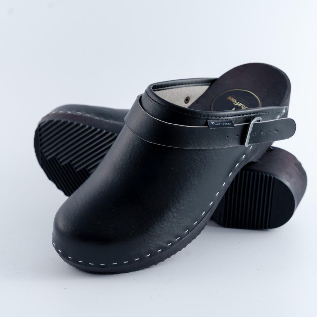 Men's Black Leather Clogs – Adjustable Backstrap, Wooden Sole Mules - Etsy