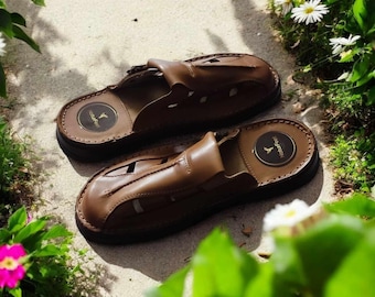 Handmade Brown Leather Sandals – Men's Casual Buckle Slide Shoes