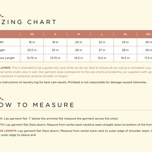 Puede incluir: Tabla de tallas para ropa con medidas en pulgadas para el ancho, la longitud y la longitud de la manga. Las tallas incluyen XS, S, M, L, XL y 2XL.  Descargo de responsabilidad: Esto est&aacute; destinado a ser una gu&iacute;a solamente, y aunque hacemos todo lo posible para garantizar que todas nuestras tallas sean consistentes, es posible que descubras que algunos estilos var&iacute;an en tama&ntilde;o. Nuestras tallas de ropa corresponden a las tablas de tallas proporcionadas por nuestros proveedores con una tolerancia de hasta 1 pulgada en la variaci&oacute;n potencial (m&aacute;s peque&ntilde;a o m&aacute;s grande). Sigue las instrucciones de la etiqueta de lavado para obtener los mejores resultados de cuidado. Printbest no es responsable de los da&ntilde;os causados de otra manera. C&oacute;mo medir: Ancho: Coloca la prenda plana. 1 pulgada debajo de la sisa, mide la prenda plana a trav&eacute;s del pecho. Longitud: Coloca la prenda plana (con la cara hacia abajo). Mide desde la costura del cuello de la espalda hacia abajo hasta el dobladillo delantero. Longitud de la manga: Coloca la prenda plana (con la cara hacia abajo). Mide desde el cuello de la espalda hasta el borde exterior de la costura del hombro, y luego a lo largo del borde exterior hasta el extremo de la manga.