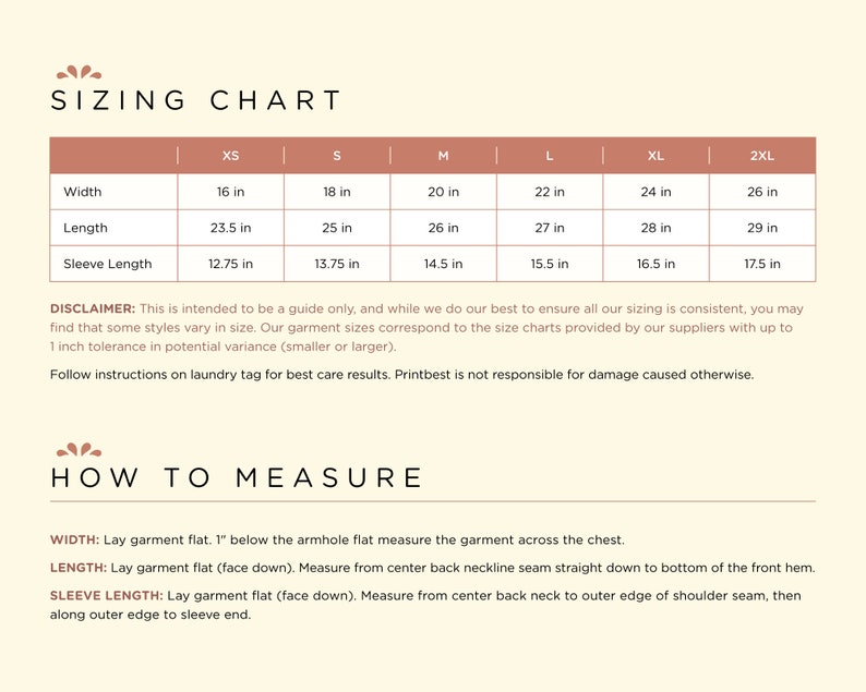 Pode incluir: Tabela de tamanhos para roupas com medidas em polegadas para largura, comprimento e comprimento da manga. Os tamanhos incluem XS, S, M, L, XL e 2XL.  Isen&ccedil;&atilde;o de responsabilidade: Esta &eacute; apenas uma orienta&ccedil;&atilde;o, e embora nos esforcemos para garantir que todos os nossos tamanhos sejam consistentes, voc&ecirc; pode descobrir que alguns estilos variam em tamanho. Nossos tamanhos de roupas correspondem &agrave;s tabelas de tamanhos fornecidas por nossos fornecedores com uma toler&acirc;ncia de at&eacute; 1 polegada na varia&ccedil;&atilde;o potencial (menor ou maior). Siga as instru&ccedil;&otilde;es na etiqueta de lavagem para obter os melhores resultados de cuidados. Printbest n&atilde;o &eacute; respons&aacute;vel por danos causados de outra forma. Como medir: Largura: Coloque a roupa plana. 1 polegada abaixo da cava, me&ccedil;a a roupa plana atrav&eacute;s do peito. Comprimento: Coloque a roupa plana (com a frente para baixo). Me&ccedil;a desde a costura da gola nas costas at&eacute; a parte inferior da frente. Comprimento da manga: Coloque a roupa plana (com a frente para baixo). Me&ccedil;a desde a nuca at&eacute; a borda externa da costura do ombro e, em seguida, ao longo da borda externa at&eacute; a ponta da manga.