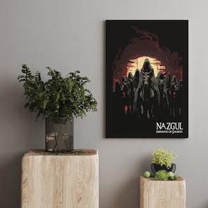 May include: A black and red illustration of the Nazgûl, the nine Ringwraiths from The Lord of the Rings, riding on horseback. The text "NAZGUL SERVANTS OF SAURON" is at the bottom of the image.
