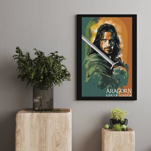 May include: Aragorn, King of Gondor, is depicted in a stylised illustration. He is holding a sword and wearing a green cloak. The background is a mix of orange and green.
