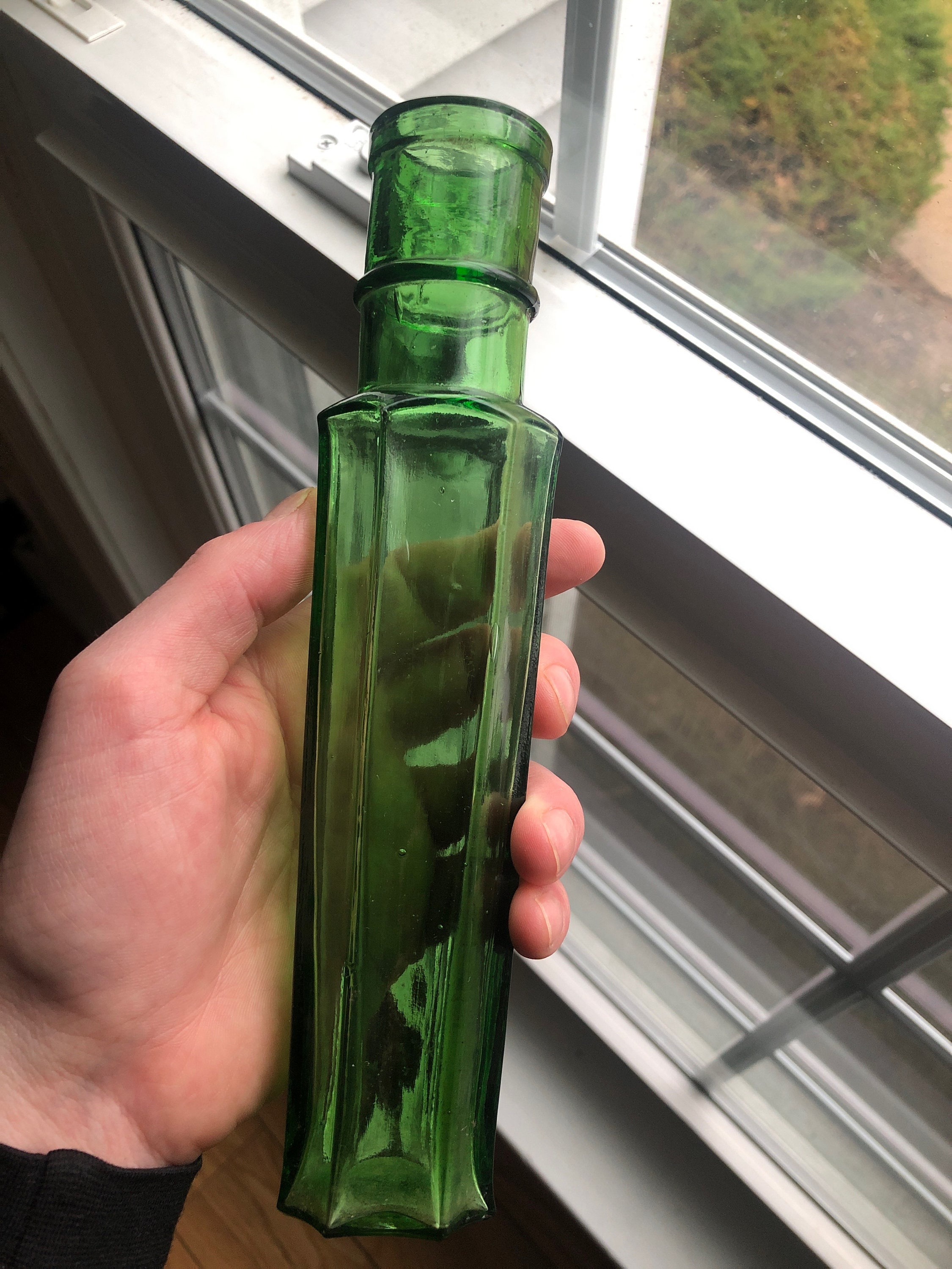 Antique 1800s Emerald Green Glass 8 Sided Hexagon Capers Bottle Etsy