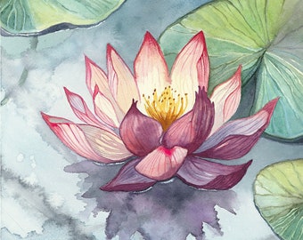 Lotus Flower Painting, Watercolor Painting, Lotus Flower, Print Titled, "Pink Lotus"