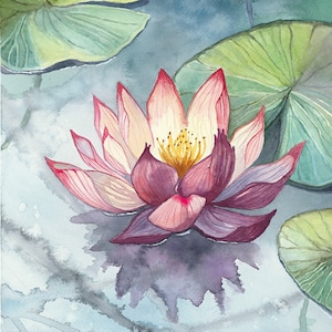 Lotus Flower Watercolor Print, Tranquil Lily Pad Wall Art, Zen Yoga and Meditation Space Print Titled: &quot;Pink Lotus&quot;