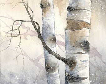 Birch Tree Painting, Watercolor Painting, Birch Tree, Winter, Print Titled, "Winter Birch"