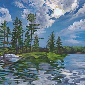 Stampa di un'isola selvaggia canadese - Dipinto di paesaggio / Arte murale di un lago con pini / Decorazione di un cottage naturale
