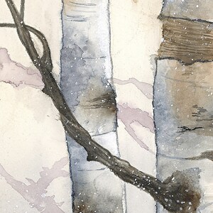 May include: A watercolour painting of two birch trees with a branch reaching across the front. The trees are white with brown bark and the branch is dark brown. The background is a light beige with a hint of pink.