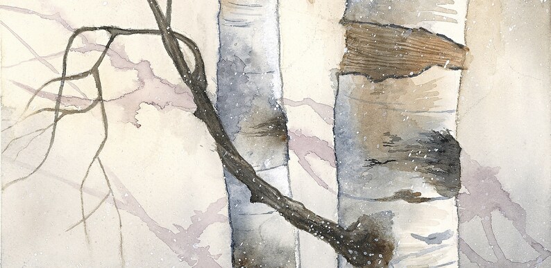 May include: A watercolour painting of two birch trees with a branch reaching across the front. The trees are white with brown bark and the branch is dark brown. The background is a light beige with a hint of pink.