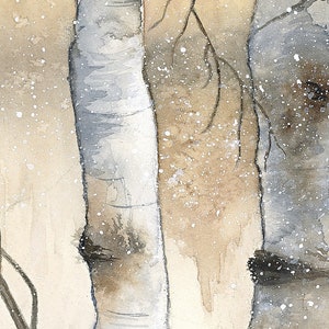 May include: A watercolour painting of two birch trees with white bark and brown branches. The trees are in a snowy forest, and the snow is falling softly. The painting is done in a soft, muted palette of browns, greys, and whites.