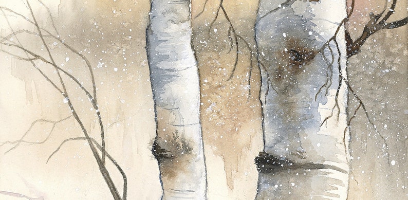 May include: A watercolour painting of two birch trees with white bark and brown branches. The trees are in a snowy forest, and the snow is falling softly. The painting is done in a soft, muted palette of browns, greys, and whites.