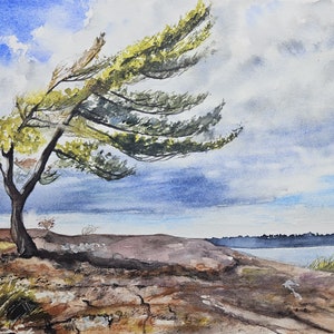 Windgepeitschten Baum Aquarell Malerei, Kanadische Landschaft Kunstdruck, Windige Kiefer, Natur Wandkunst, Aquarell Landschaft, Cottage Dekor