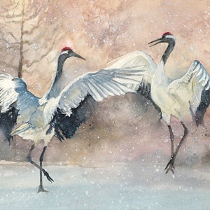 日本の鶴の水彩画アートプリント：モダンな鳥の水彩画 / ミニマ