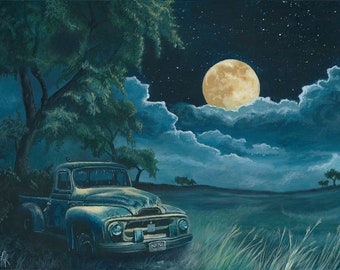 Vintage Truck by Moonlight Art Print: Farm Field Acrylic Painting