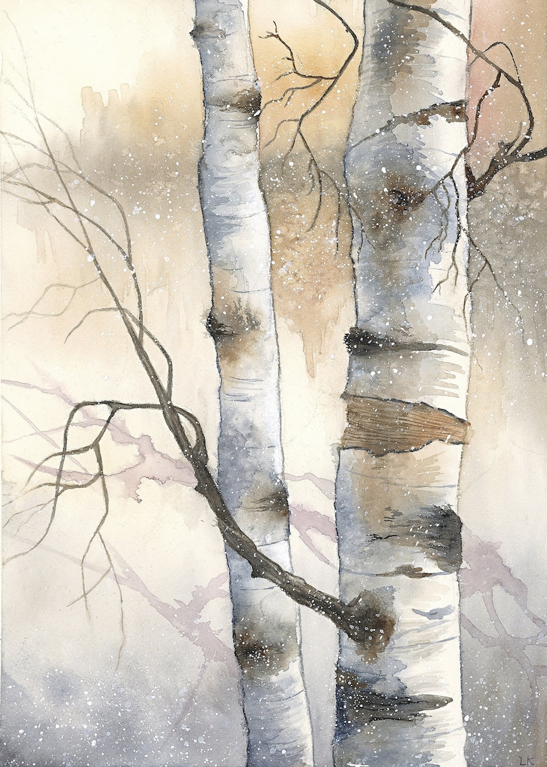 May include: A watercolour painting of two birch trees in a snowy woodland. The trees are white with black markings and the background is a soft, muted brown and white.