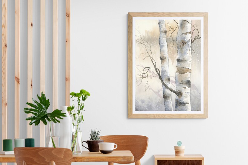 May include: A framed watercolour painting of two birch trees with white bark and branches against a light brown and grey background.