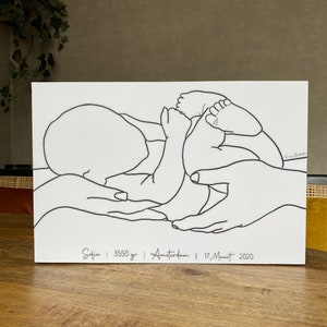 May include: A black and white line drawing of a newborn baby cradled in the hands of two adults. The text below the image reads "Sofia | 3550 gr | Amsterdam | 17 Maart 2020".