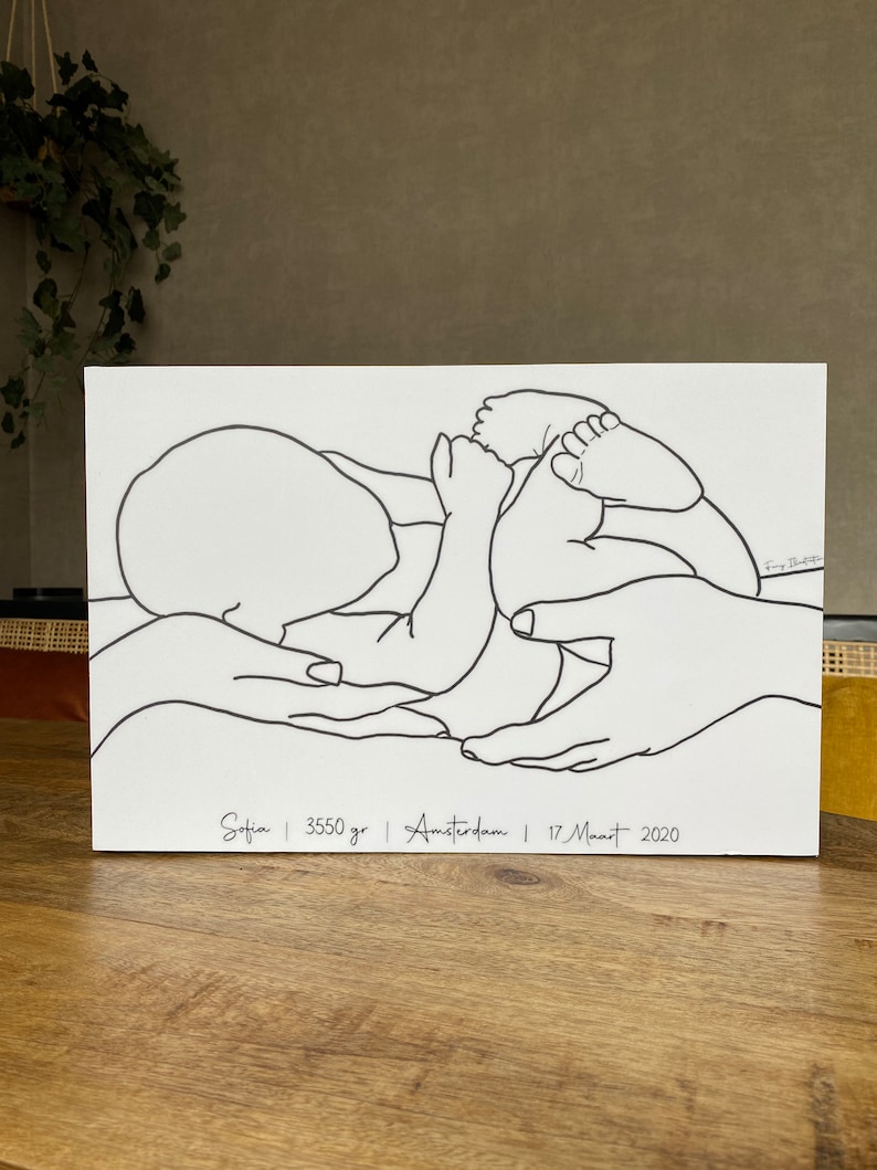May include: A black and white line drawing of a newborn baby cradled in the hands of two adults. The text below the image reads "Sofia | 3550 gr | Amsterdam | 17 Maart 2020".