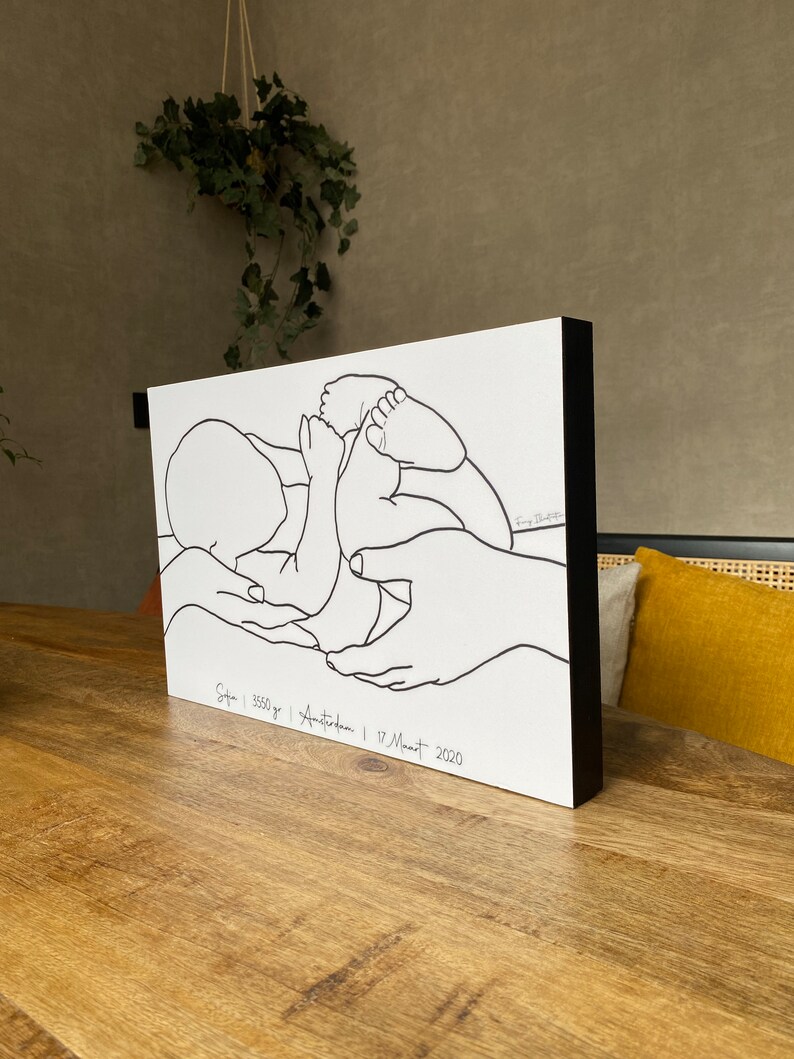 May include: Black and white line art illustration of a baby being held by two hands. The text below the image reads "Sita - 3550g | Amsterdam | 17. Maart 2020".