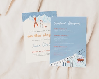 Geïllustreerde Winter Bachelorette Uitnodiging CANVA SJABLOON | Thuis afdrukken Digitale download Skireis