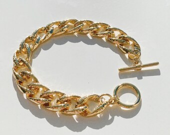 Bold Chain Bracelet/Bold Gold Plated Chain Bracelet/Thick Hammered Texture Link Bracelet/Link Chain Bracelet/Vintage Texture Bracelet