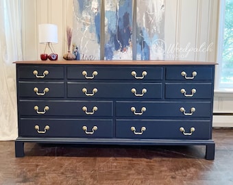 SOLD - Modern Navy Blue & Gold 10-Drawer Long Dresser | Hand-painted | Dovetailed